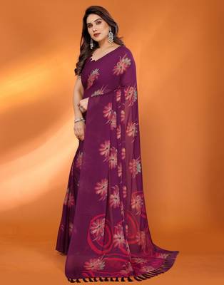 purple georgette casual saree with printed pallu designs 3