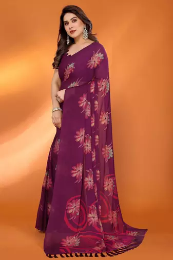 purple georgette casual saree with printed pallu designs