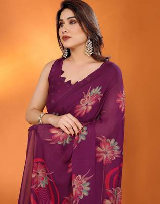 purple georgette casual saree with printed pallu designs 4