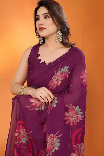 purple georgette casual saree with printed pallu designs