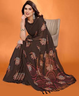 brown georgette saree with printed designs and pallu 2
