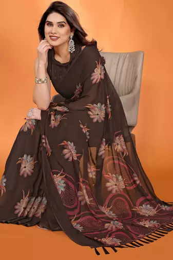 brown georgette saree with printed designs and pallu