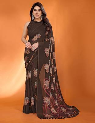 brown georgette saree with printed designs and pallu 1