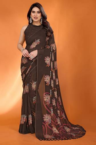 brown georgette saree with printed designs and pallu
