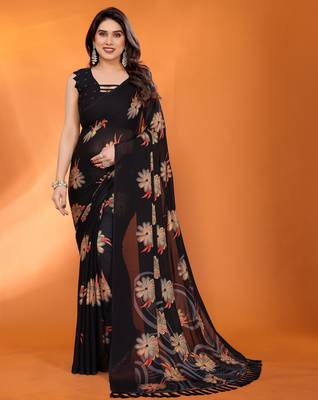 black georgette saree with printed designs and pallu 1