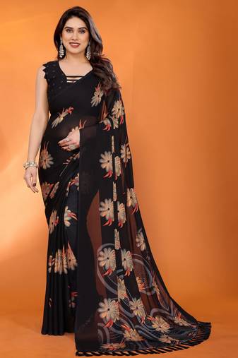black georgette saree with printed designs and pallu