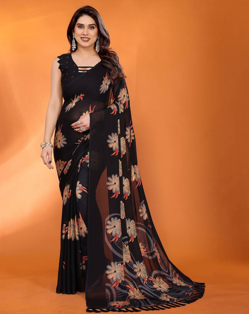black mannequin store printed saree