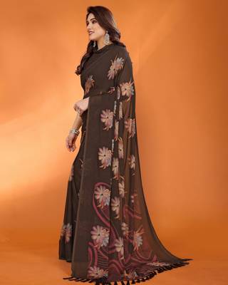 brown georgette saree with printed designs and pallu 3