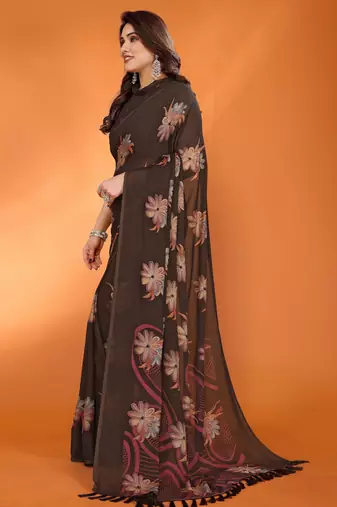 brown georgette saree with printed designs and pallu