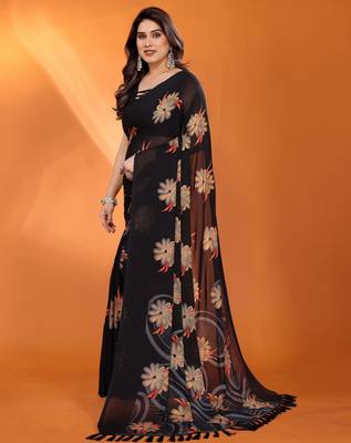 black georgette saree with printed designs and pallu 2