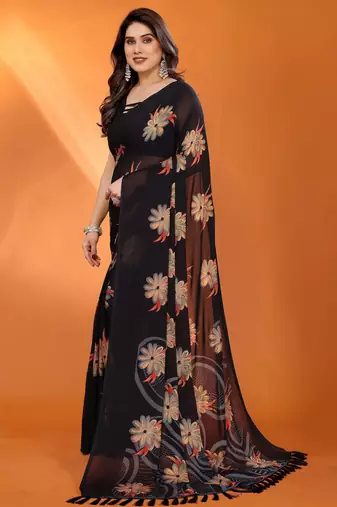black georgette saree with printed designs and pallu