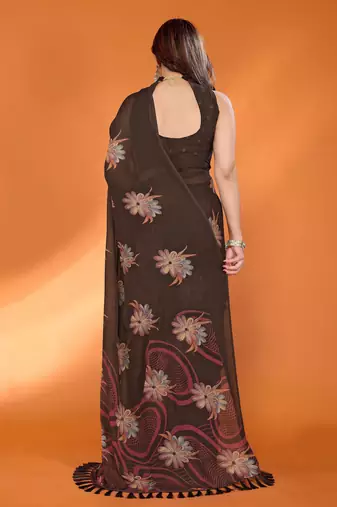 brown georgette saree with printed designs and pallu