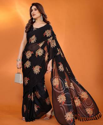 black georgette saree with printed designs and pallu 3