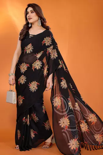 black georgette saree with printed designs and pallu