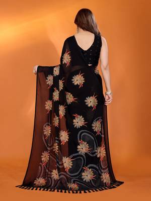 black georgette saree with printed designs and pallu 4