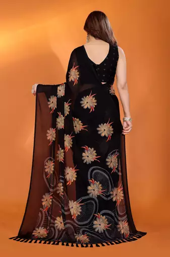 black georgette saree with printed designs and pallu