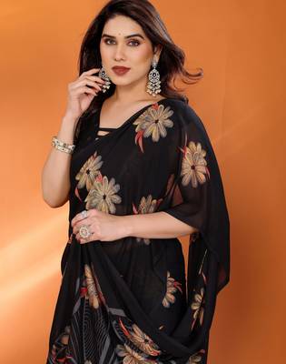 black georgette saree with printed designs and pallu 5