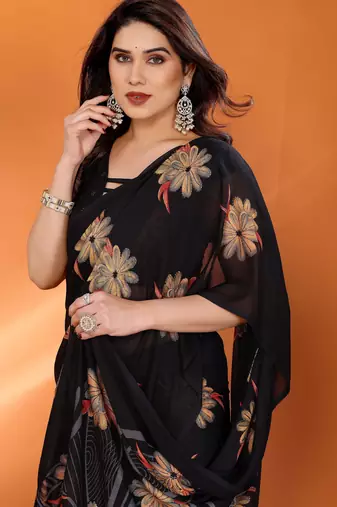 black georgette saree with printed designs and pallu