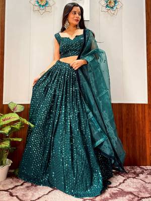 green georgette sequins party wear lehenga 1