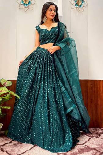 Glamorous Teal Green Sequins Georgette Party Wear Lehenga Choli