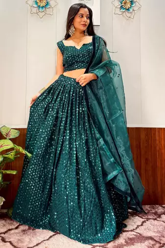 green georgette sequins party wear lehenga