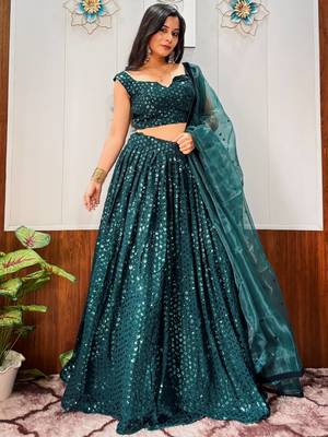 green georgette sequins party wear lehenga 2