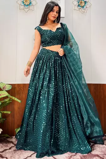 green georgette sequins party wear lehenga