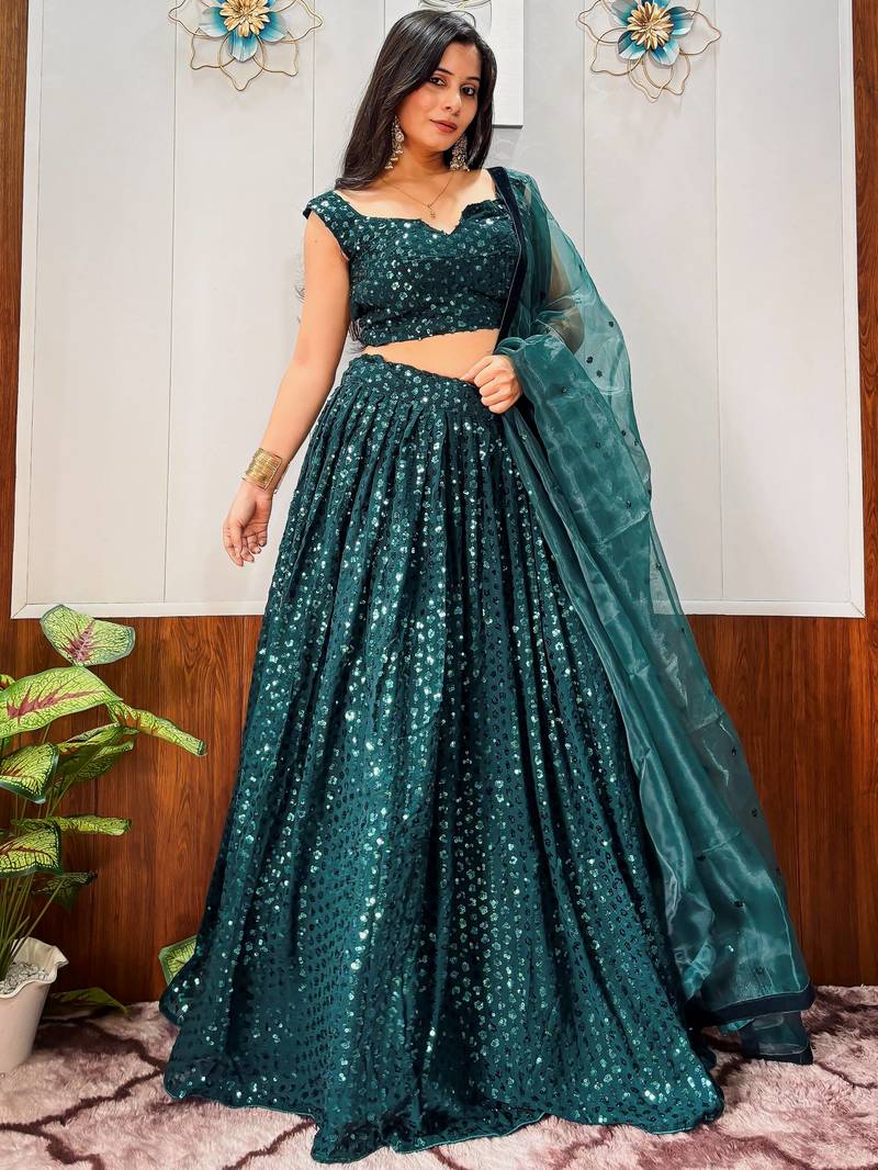 Glamorous Teal Green Sequins Georgette Party Wear Lehenga Choli