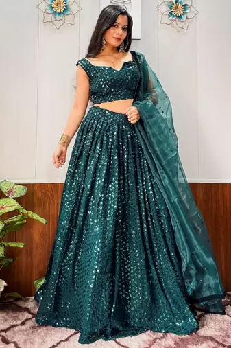 green georgette sequins party wear lehenga