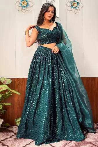 green georgette sequins party wear lehenga