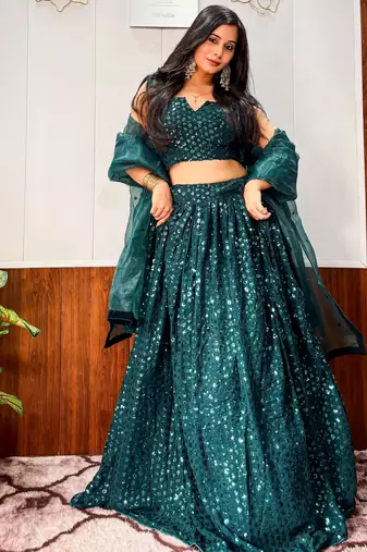green georgette sequins party wear lehenga