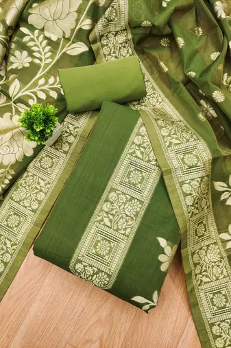 Mehendi jamdani silk blend dress material 3pcs for women