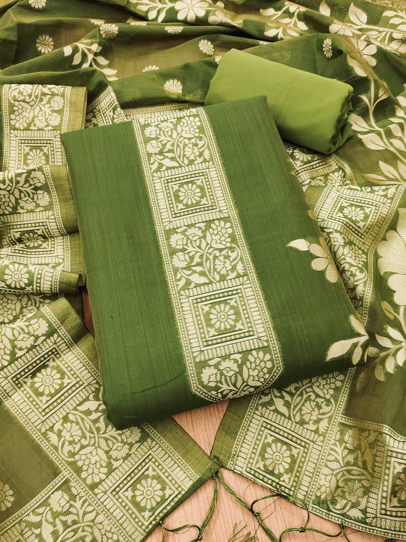 Mehendi jamdani banarasi weaving dress material 3pcs for women