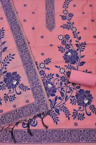 Pink jamdani silk blend dress material 3pcs for women
