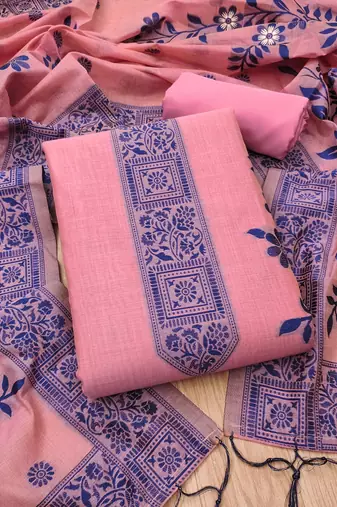 Pink jamdani silk blend dress material 3pcs for women