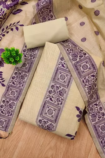 Cream jamdani banarasi weaving dress material 3pcs for women