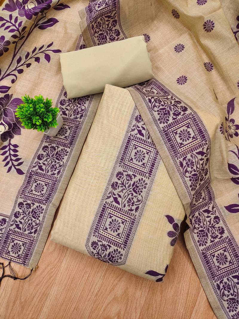Cream jamdani banarasi weaving dress material 3pcs for women