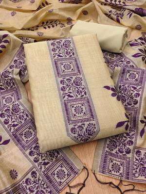 Cream jamdani silk blend dress material 3pcs for women 4