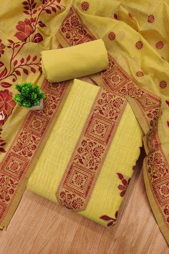 Yellow jamdani banarasi weaving dress material 3pcs for women