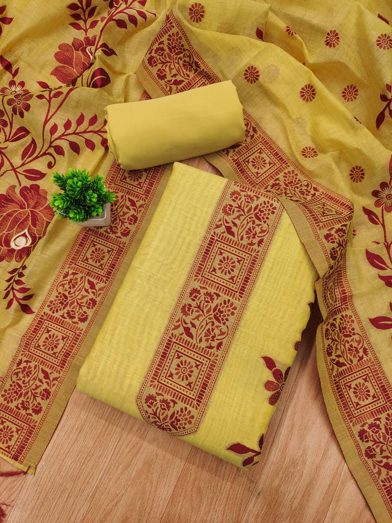 Yellow jamdani banarasi weaving dress material 3pcs for women