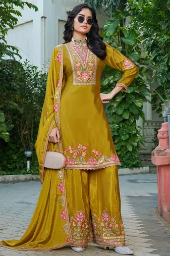  chinon yellow palazzo suit for women chinon fabric