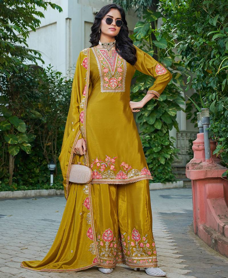  chinon yellow palazzo suit for women chinon fabric