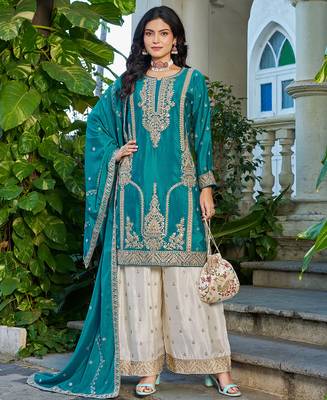 aqua blue palazzo suit for women 1
