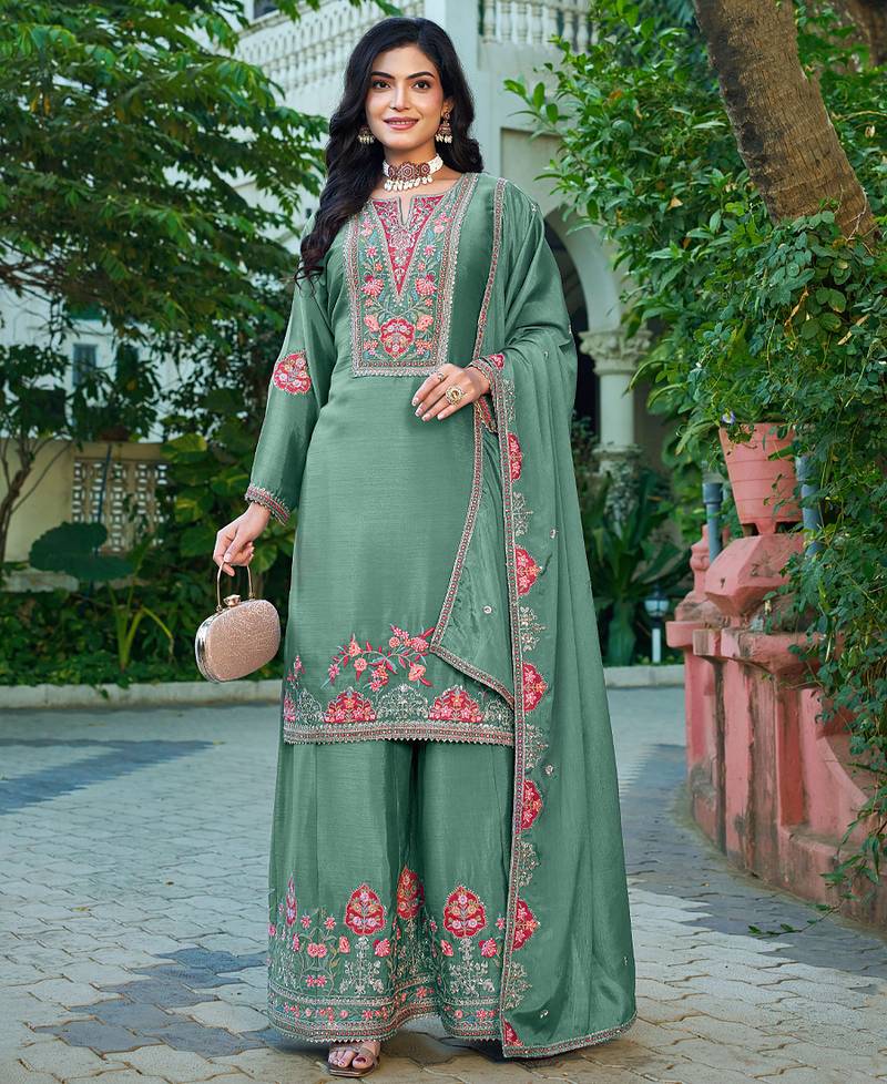  chinon sky blue palazzo suit for women chinon fabric