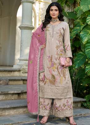 simmer silk heavy embroidery palazzo suit for women beige 1