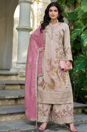  simmer silk heavy embroidery palazzo suit for women beige