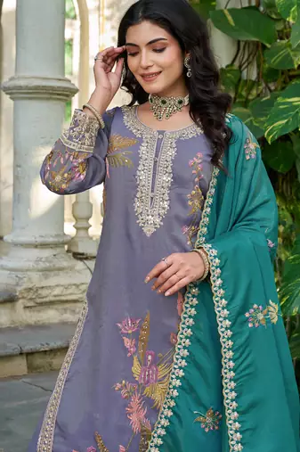  simmer silk heavy embroidery palazzo suit for women lavender