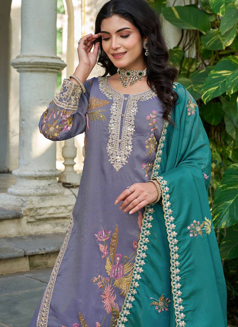  simmer silk heavy embroidery palazzo suit for women lavender