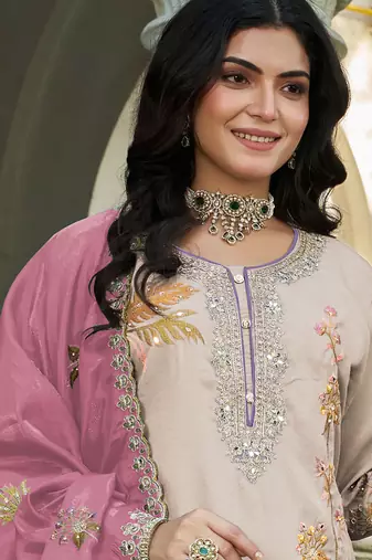  simmer silk heavy embroidery palazzo suit for women beige