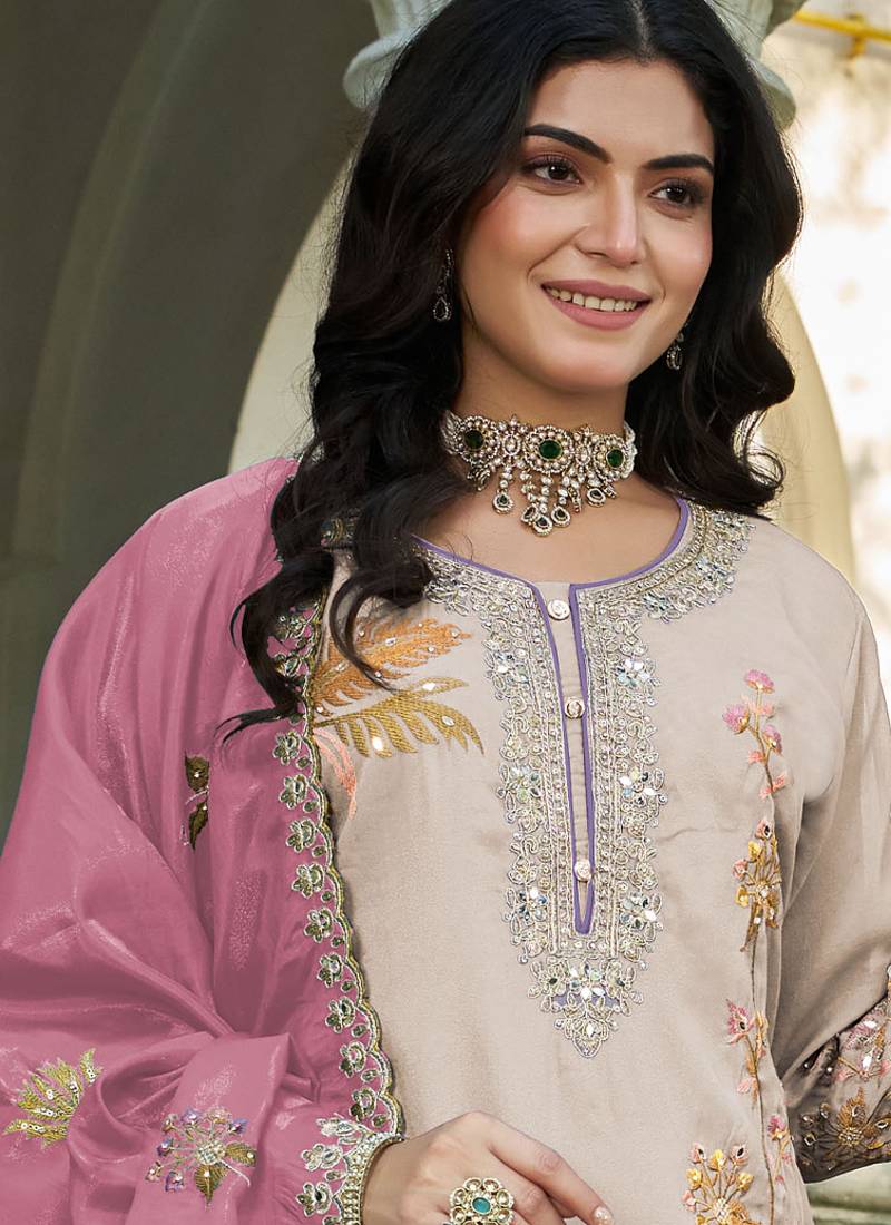  simmer silk heavy embroidery palazzo suit for women beige